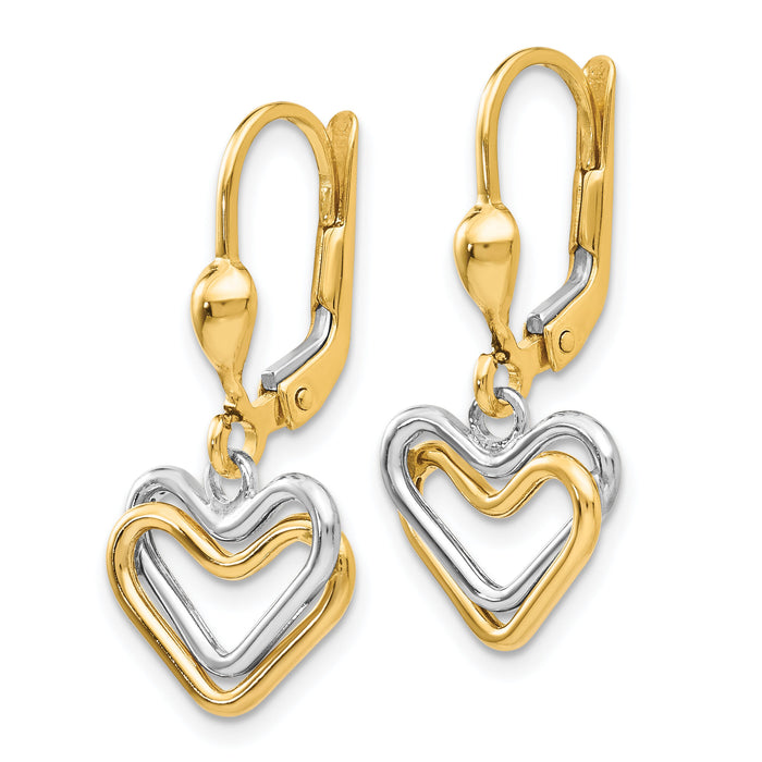 14k Two-tone Heart Leverback Dangle Earrings-H809