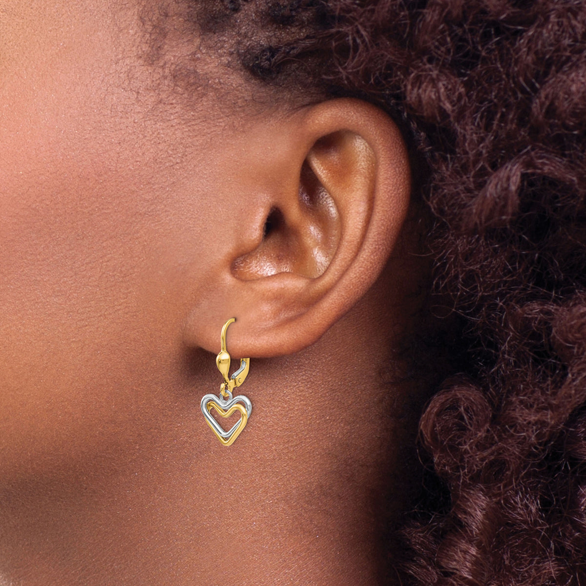 14k Two-tone Heart Leverback Dangle Earrings-H809