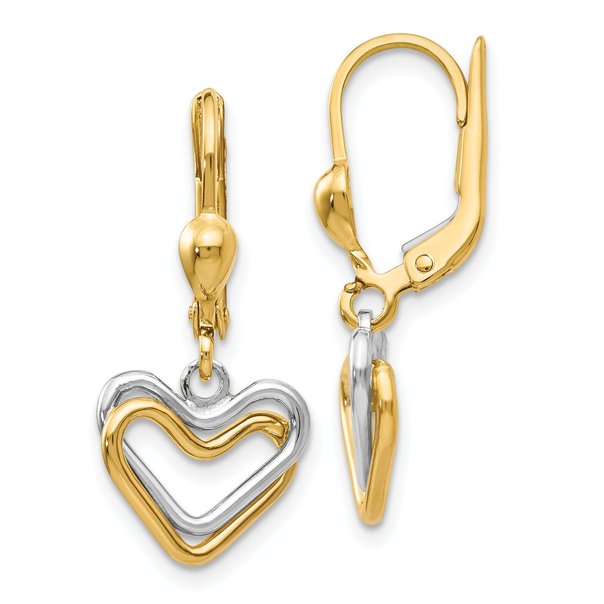14k Two-tone Heart Leverback Dangle Earrings-H809