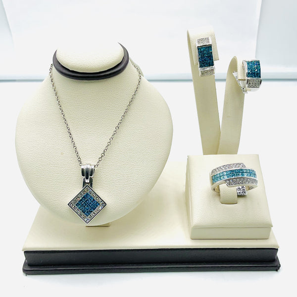 BLUE DIAMOND NECKLACE, RING AND EARRINGS SET