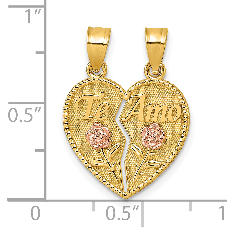 14k Two-tone Break Apart Heart With Te Amo And Roses Pendant-K10002
