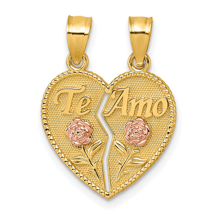 14k Two-tone Break Apart Heart With Te Amo And Roses Pendant-K10002