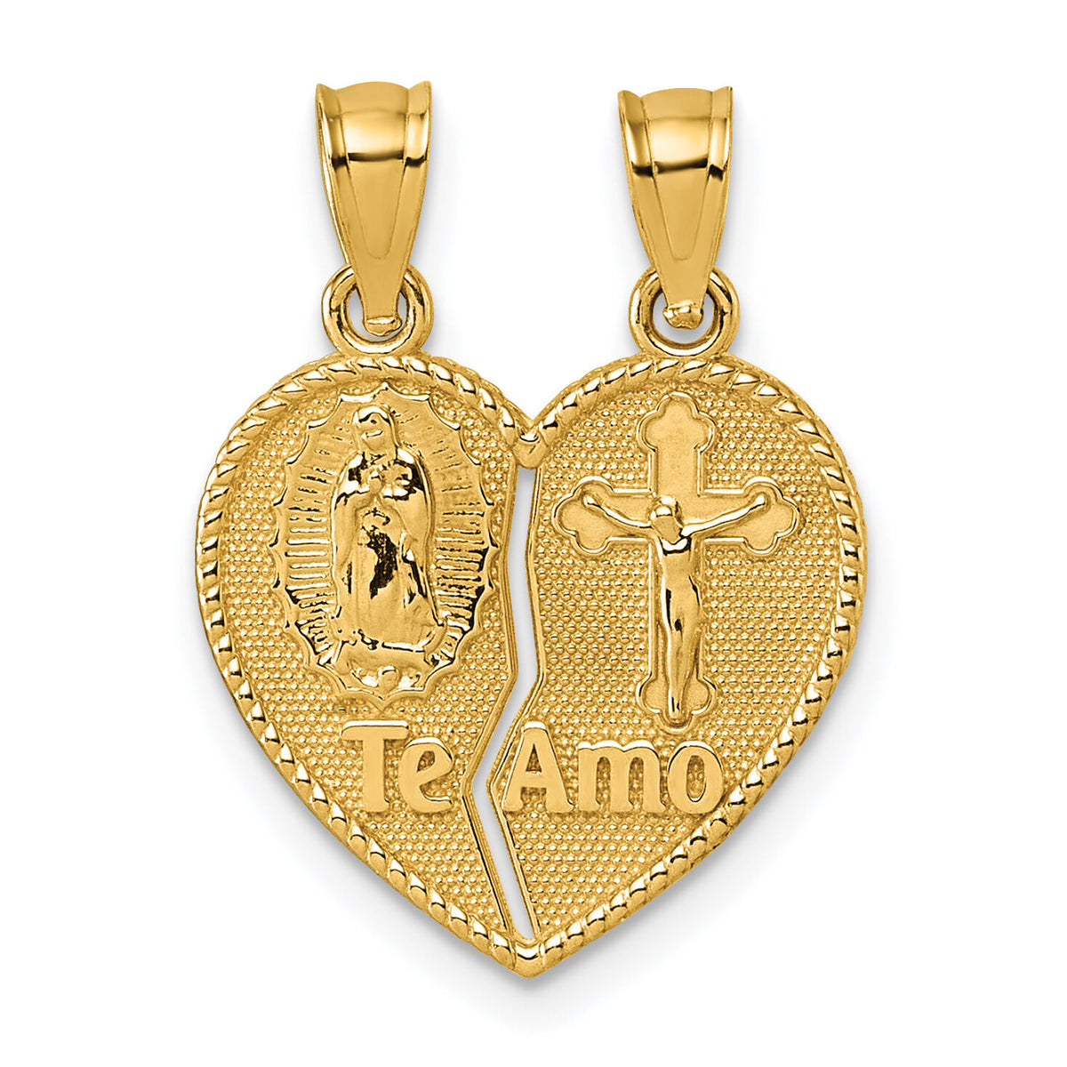14k Polished Te Amo Spanish Religious Break-apart Heart Pendant-K10003