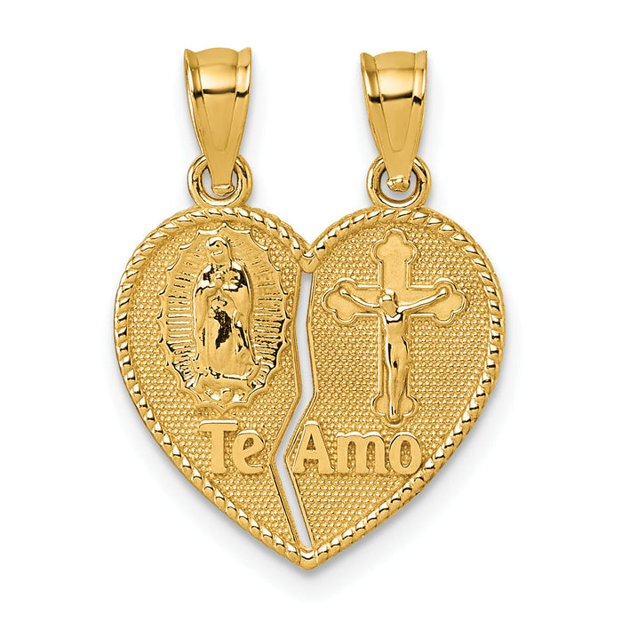 14k Polished Te Amo Spanish Religious Break-apart Heart Pendant-K10003