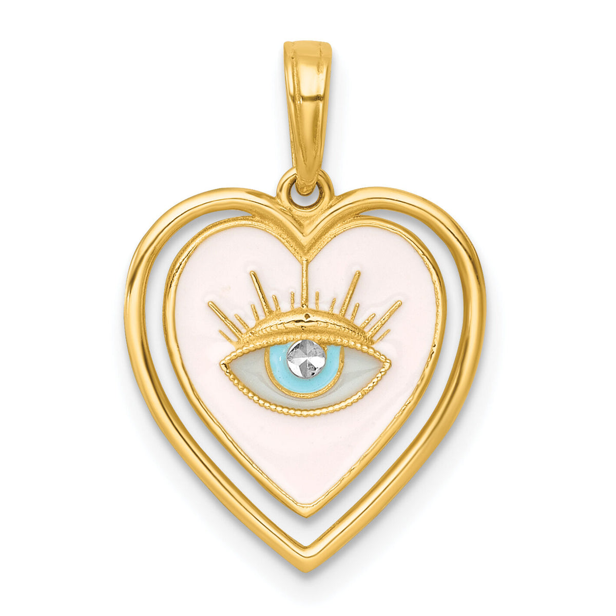 14k with White Rhodium Polished Multi Color Enamel Eye In Heart Charm-K10004