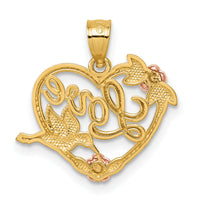 14k Two-tone & White Rhodium Polish Love Floral And Bird Heart Pendant-K10005