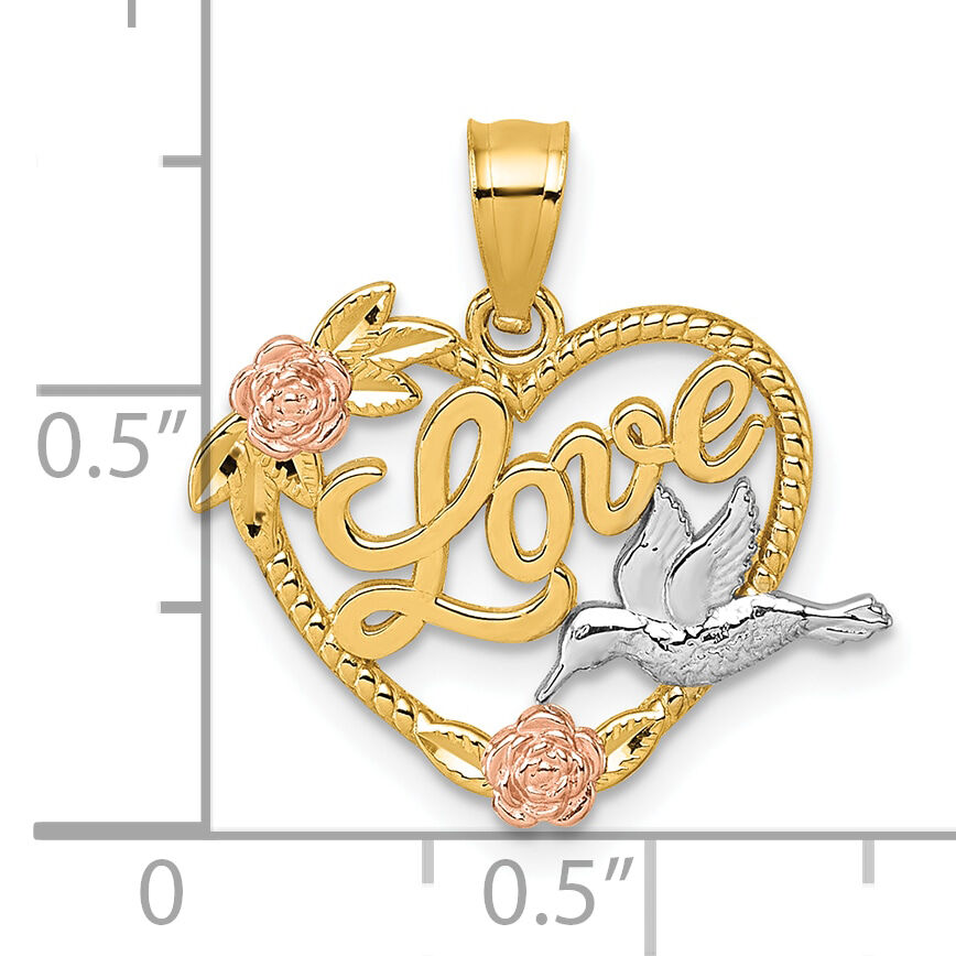 14k Two-tone & White Rhodium Polish Love Floral And Bird Heart Pendant-K10005