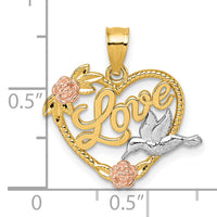 14k Two-tone & White Rhodium Polish Love Floral And Bird Heart Pendant-K10005