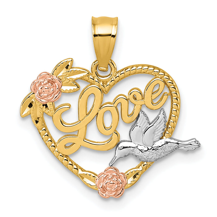 14k Two-tone & White Rhodium Polish Love Floral And Bird Heart Pendant-K10005