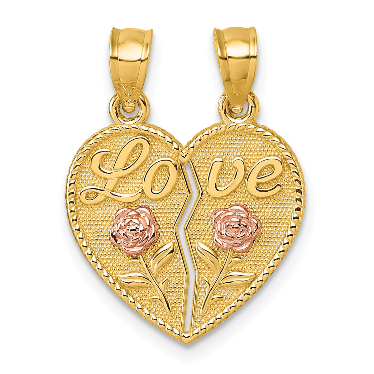 14k Two-tone Break Apart Heart With Love And Roses Pendant-K10006