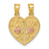 14k Two-tone Break Apart Heart With Love And Roses Pendant-K10006