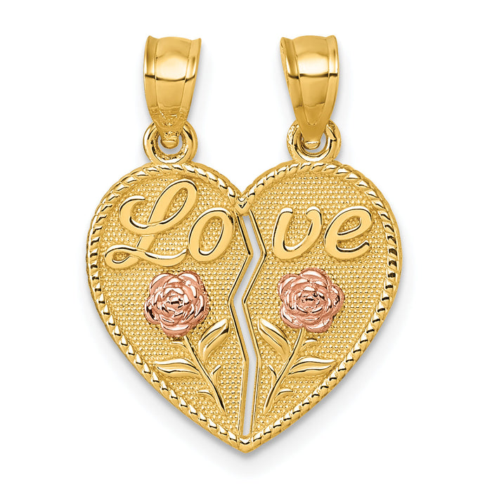14k Two-tone Break Apart Heart With Love And Roses Pendant-K10006