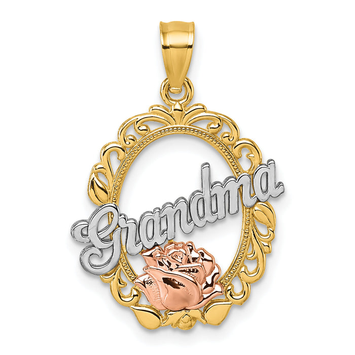 14k Two-tone & White Rhodium Polished Grandma Rose Oval Pendant-K10011