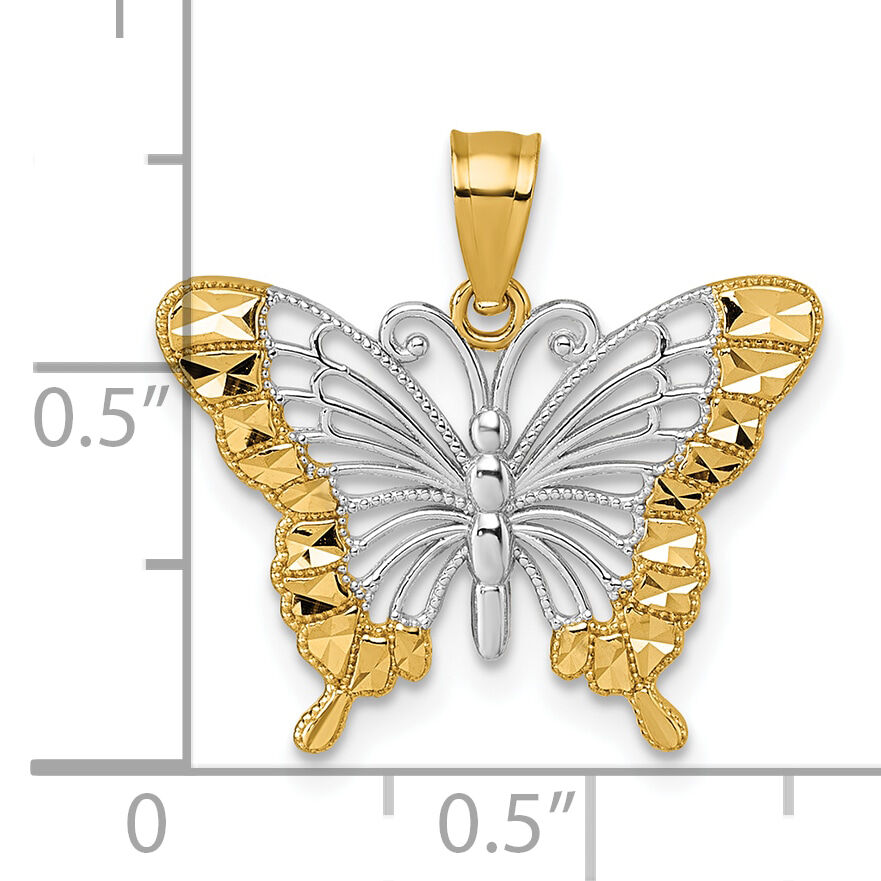 14k & Rhodium Diamond Cut Polished Butterfly Pendant-K10026
