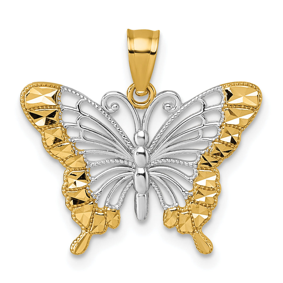 14k & Rhodium Diamond Cut Polished Butterfly Pendant-K10026