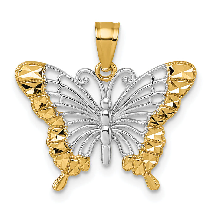14k & Rhodium Diamond Cut Polished Butterfly Pendant-K10026