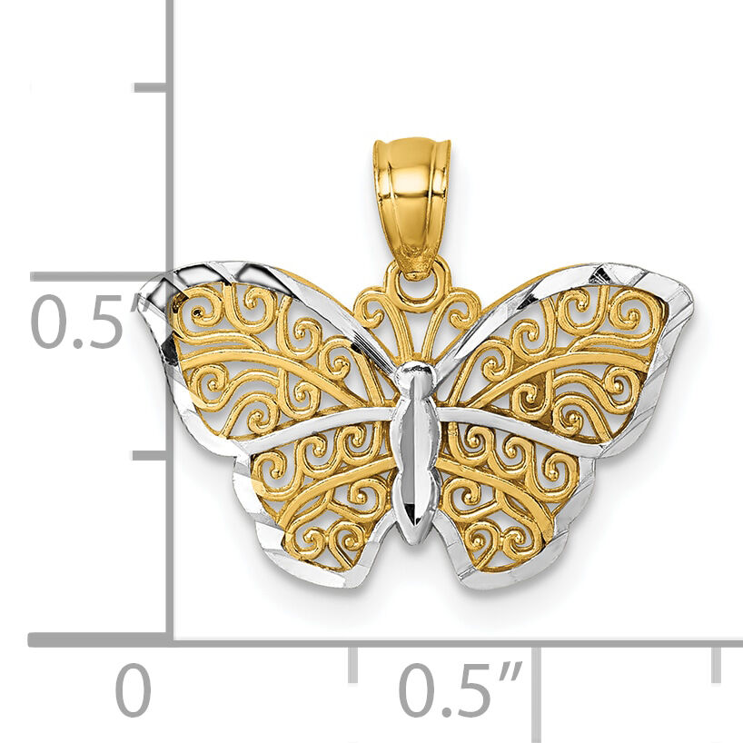 14k Polished w/Rhodium Diamond-cut Filigree Butterfly Pendant-K10029