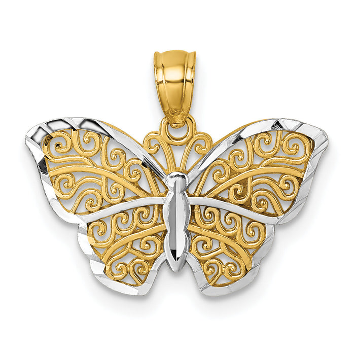 14k Polished w/Rhodium Diamond-cut Filigree Butterfly Pendant-K10029