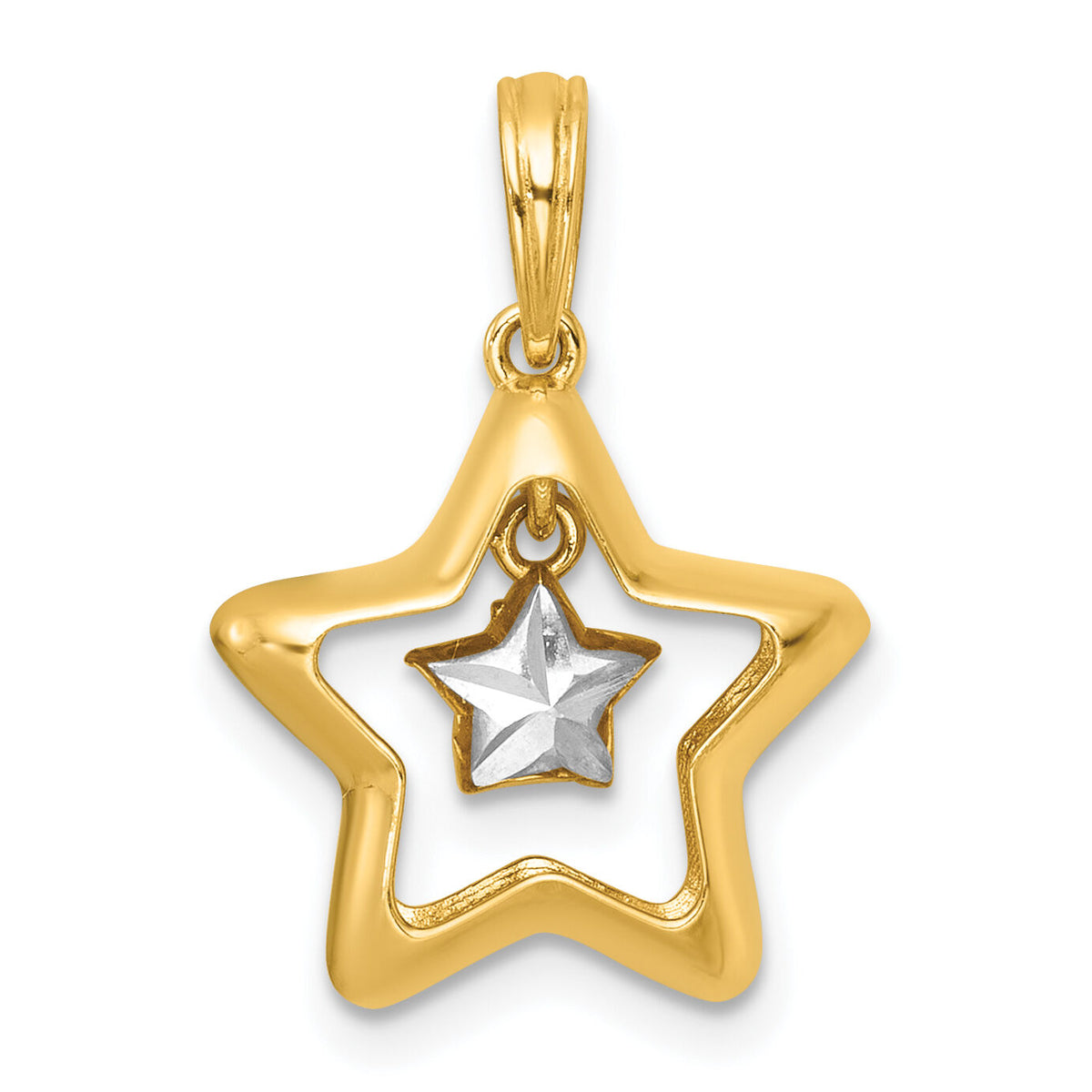 14k with White Rhodium Polished Star In Star Dangle Charm-K10036