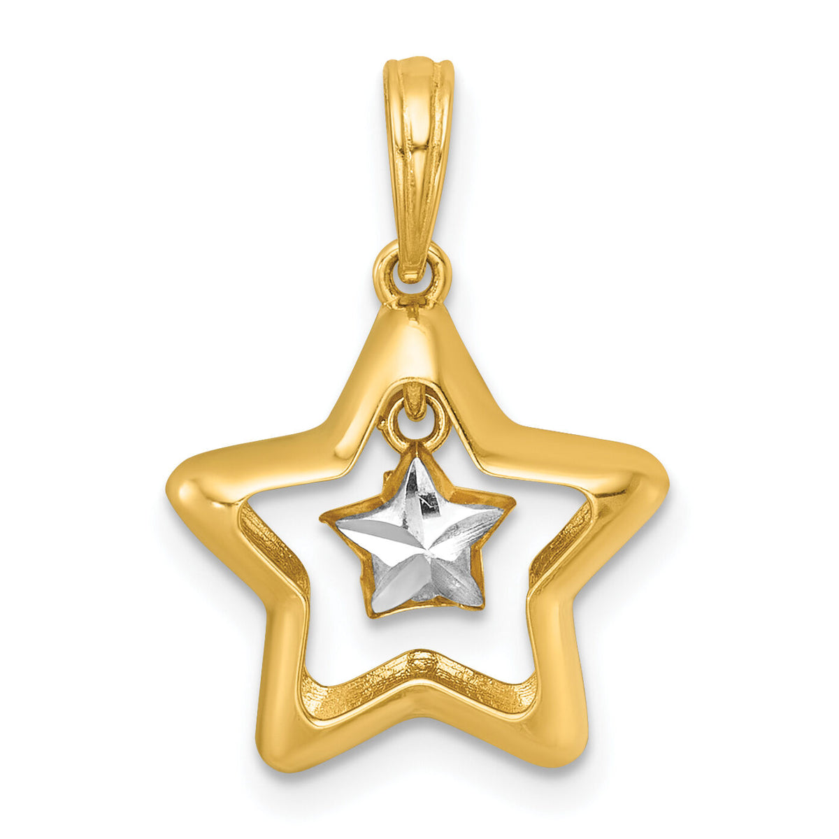 14k with White Rhodium Polished Star In Star Dangle Charm-K10036