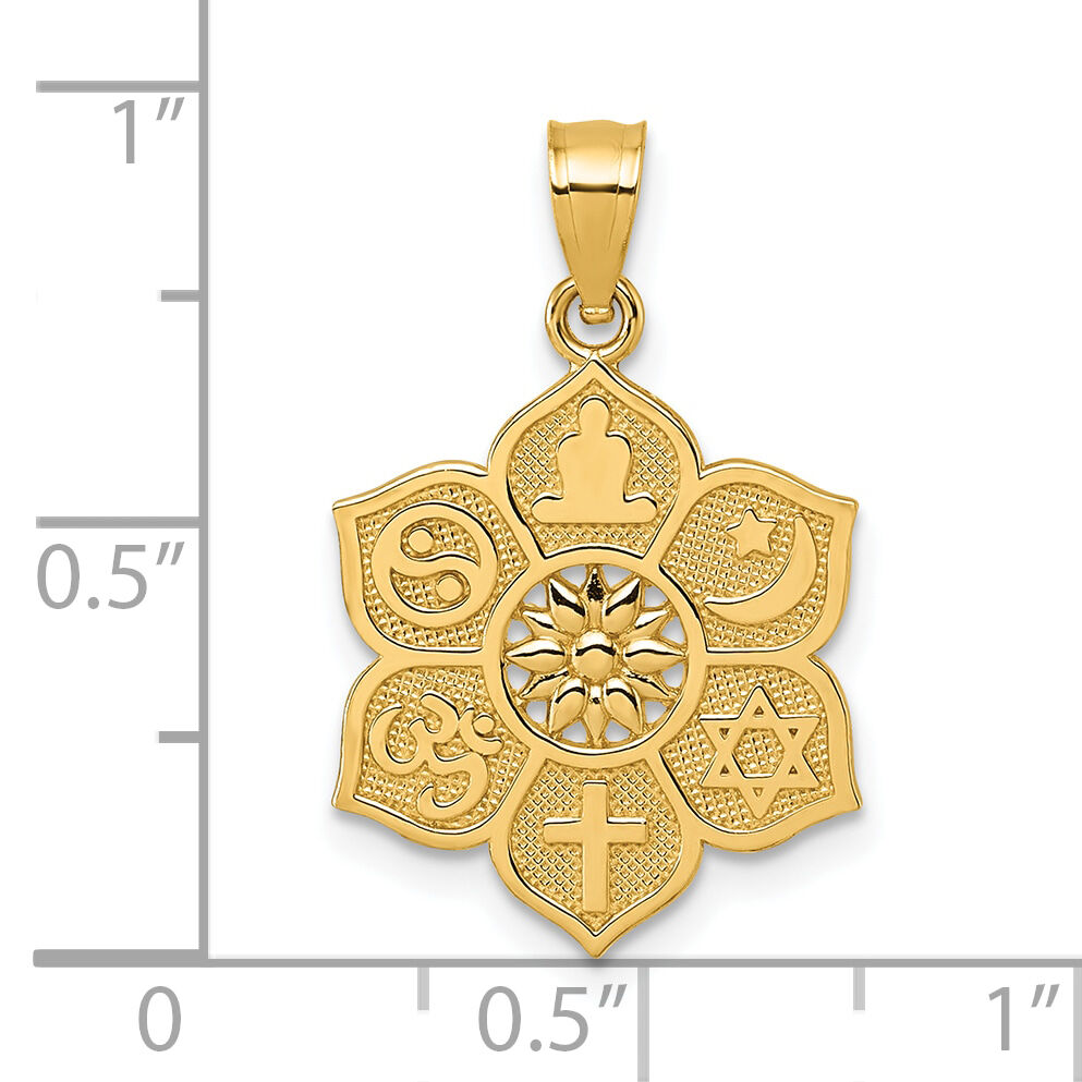 14k Polished And Textured Multi-faith Symbol Flower Pendant-K10042