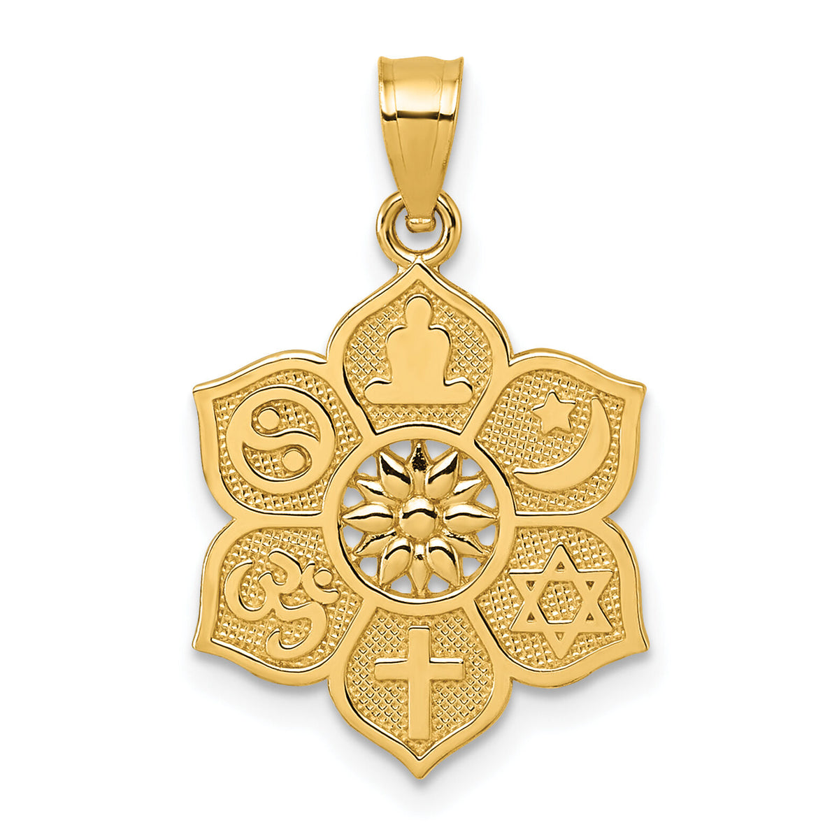 14k Polished And Textured Multi-faith Symbol Flower Pendant-K10042