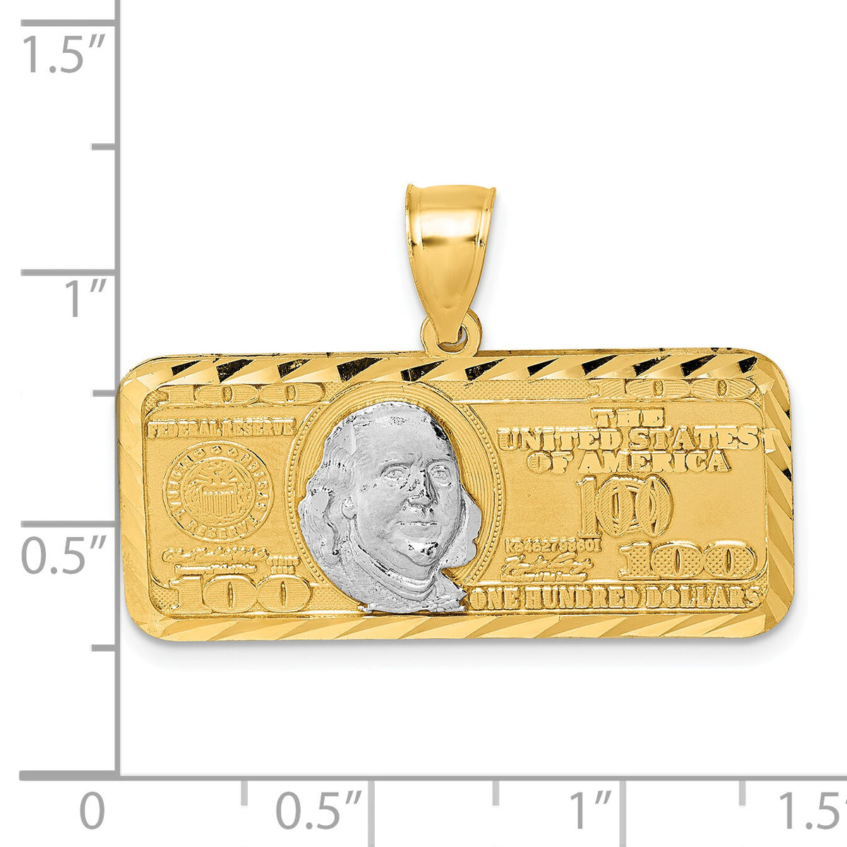 14k Polished w/Rhodium Diamond-cut 100 Dollar Bill Pendant-K10045