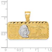 14k Polished w/Rhodium Diamond-cut 100 Dollar Bill Pendant-K10045