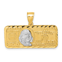 14k Polished w/Rhodium Diamond-cut 100 Dollar Bill Pendant-K10045