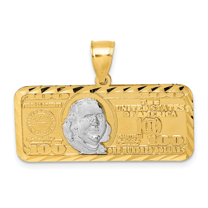 14k Polished w/Rhodium Diamond-cut 100 Dollar Bill Pendant-K10045