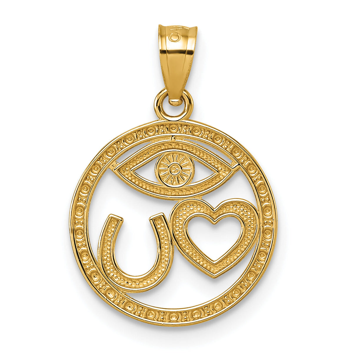 14k Polished Heart Evil Eye And Horse Shoe In Circle Pendant-K10046