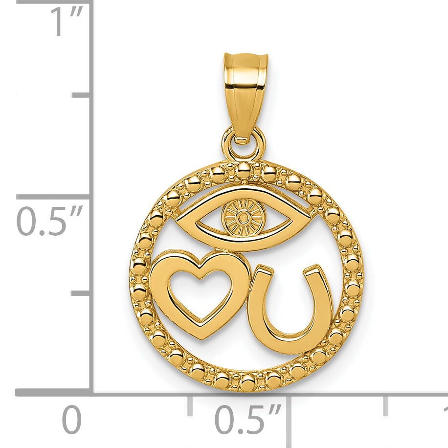 14k Polished Heart Evil Eye And Horse Shoe In Circle Pendant-K10046