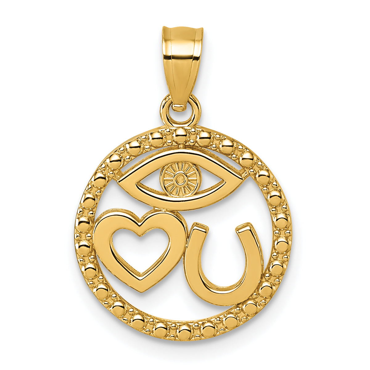 14k Polished Heart Evil Eye And Horse Shoe In Circle Pendant-K10046
