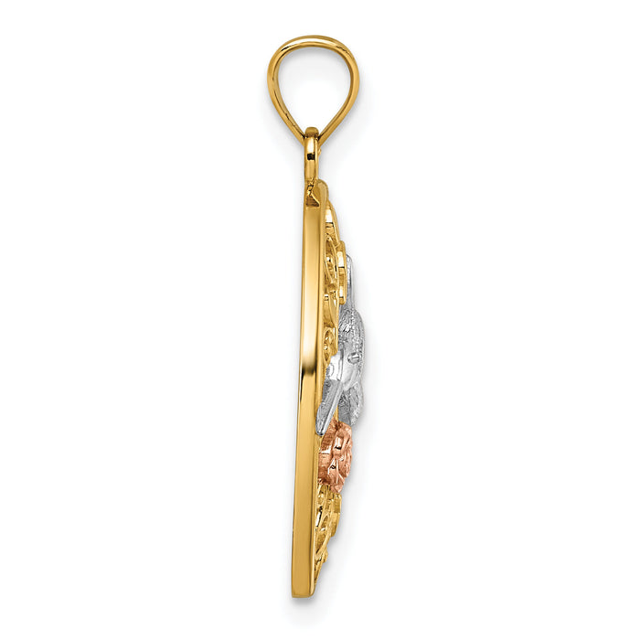 14k Two-tone w/White Rhodium Polished Humming Bird & Flower Pendant-K10053