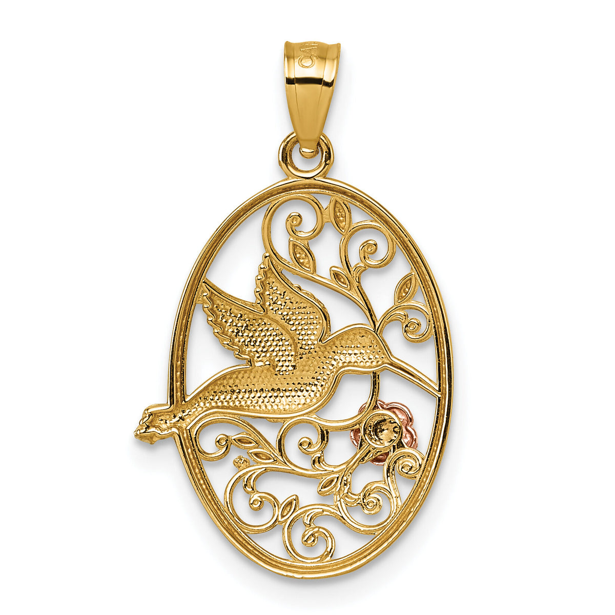 14k Two-tone w/White Rhodium Polished Humming Bird & Flower Pendant-K10053