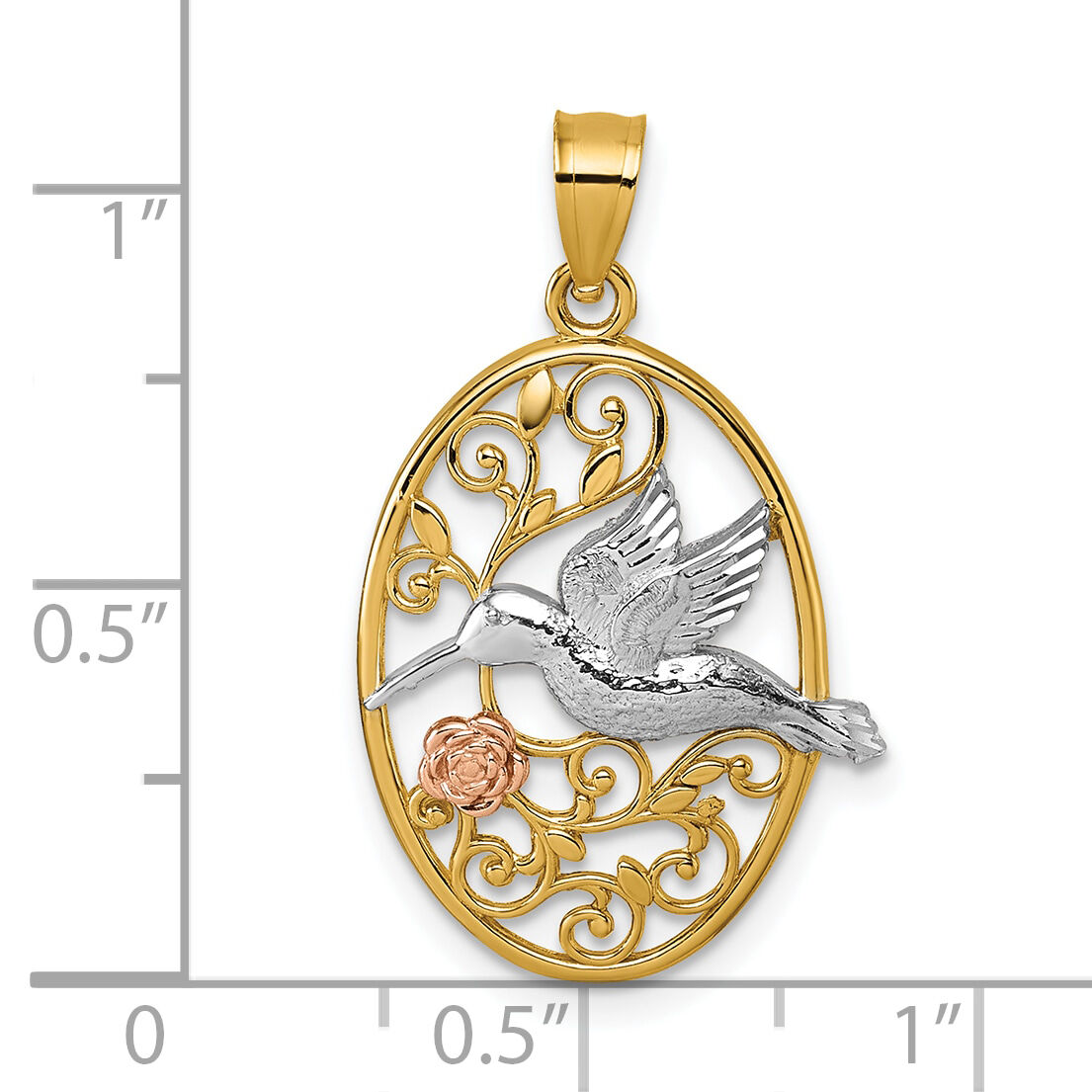 14k Two-tone w/White Rhodium Polished Humming Bird & Flower Pendant-K10053