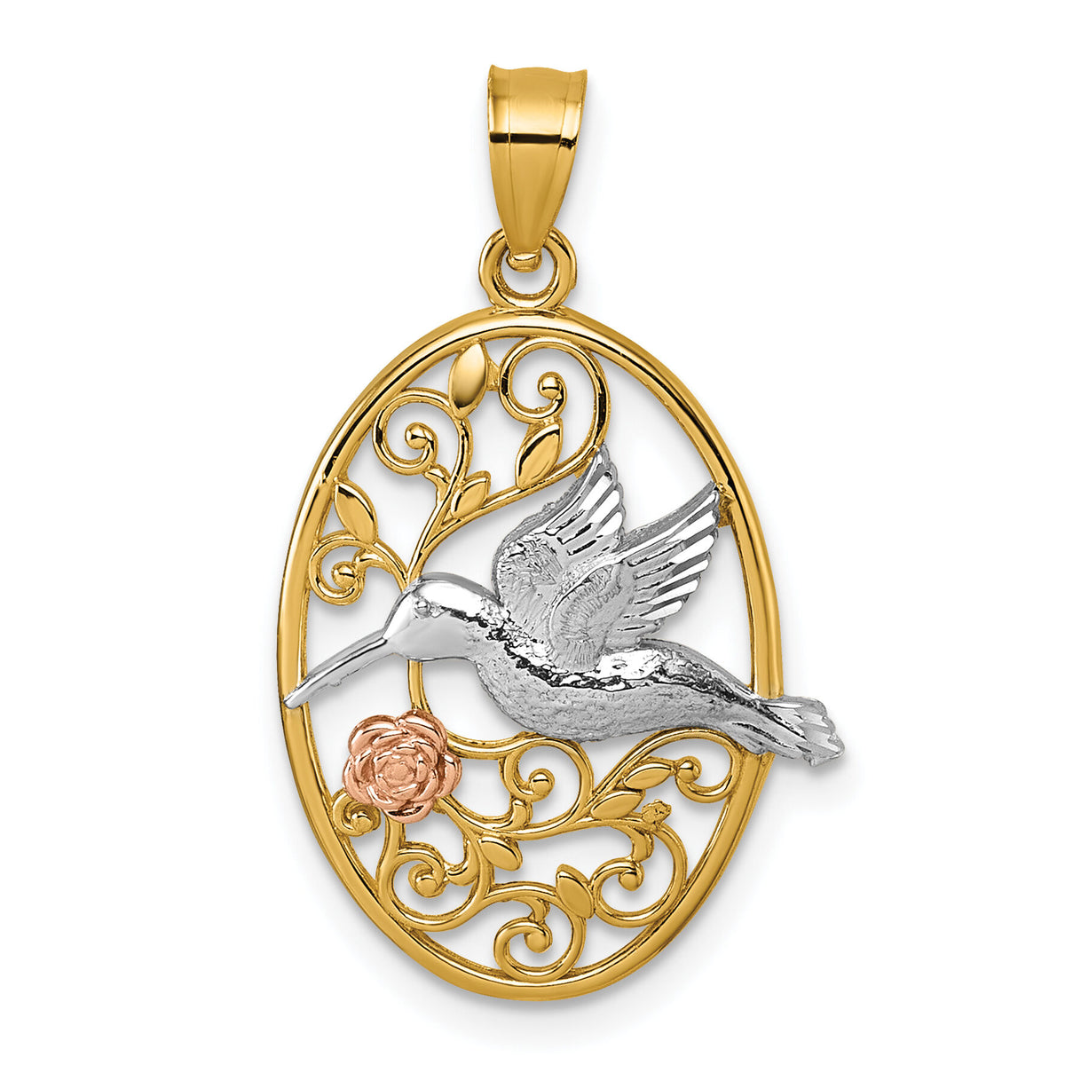 14k Two-tone w/White Rhodium Polished Humming Bird & Flower Pendant-K10053