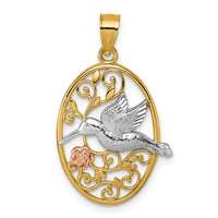 14k Two-tone w/White Rhodium Polished Humming Bird & Flower Pendant-K10053