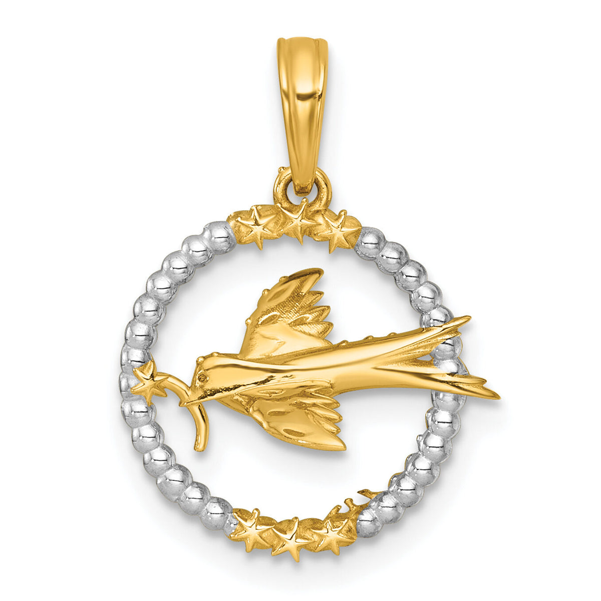 14k with White Rhodium Polished Flying Bird In Circle With Stars Charm-K10054