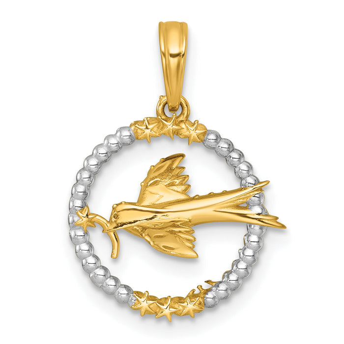 14k with White Rhodium Polished Flying Bird In Circle With Stars Charm-K10054