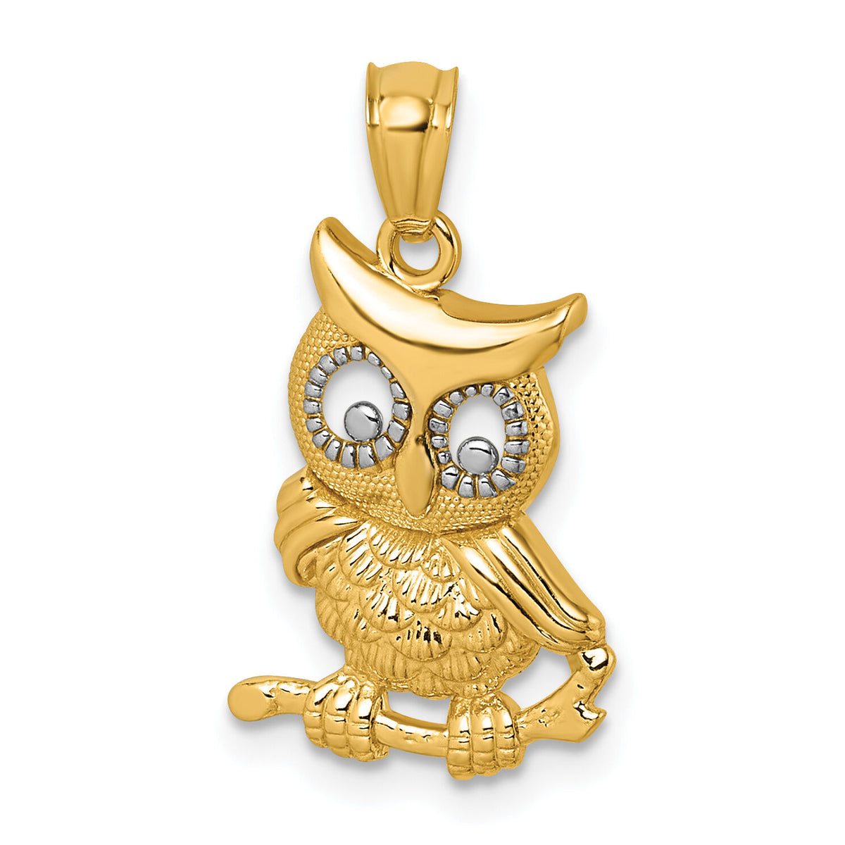 14k & Rhodium Polished & Textured Owl Pendant-K10055