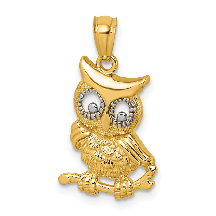 14k & Rhodium Polished & Textured Owl Pendant-K10055