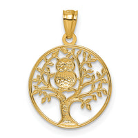 14k and Rhodium Textured Owl Sitting In Tree In Circle Pendant-K10056