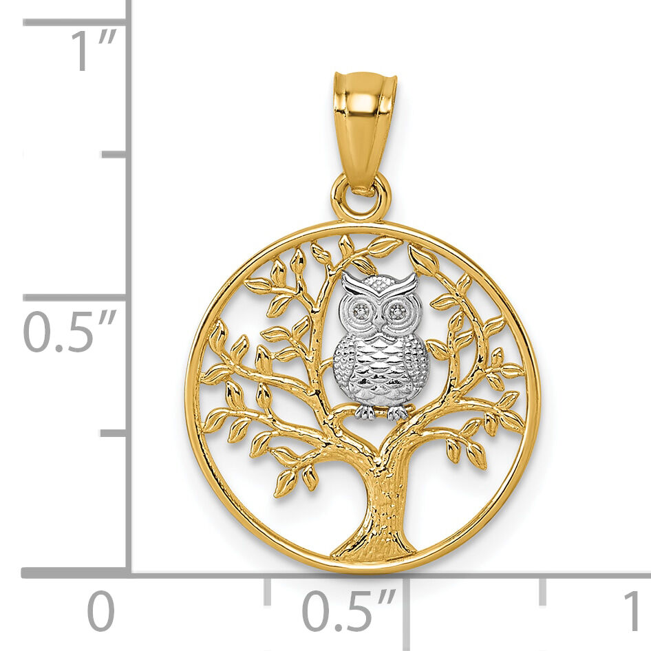 14k and Rhodium Textured Owl Sitting In Tree In Circle Pendant-K10056