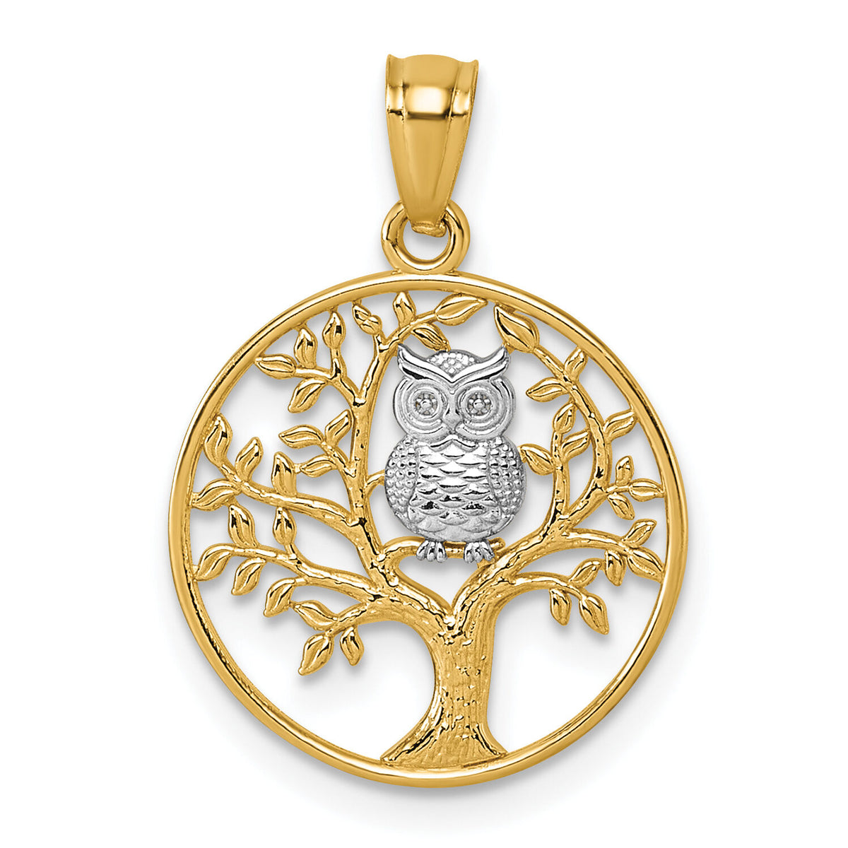 14k and Rhodium Textured Owl Sitting In Tree In Circle Pendant-K10056