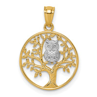 14k and Rhodium Textured Owl Sitting In Tree In Circle Pendant-K10056