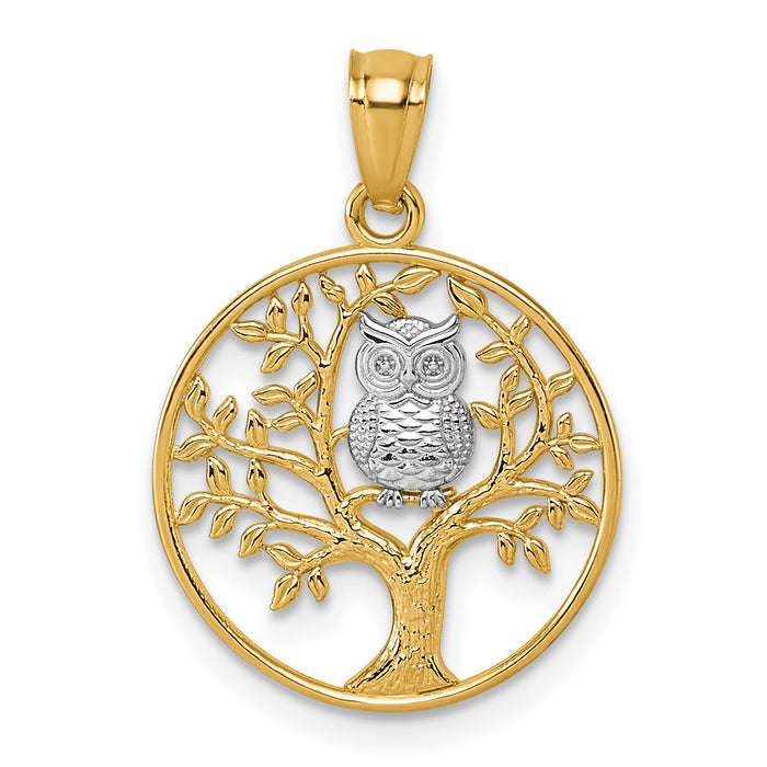 14k and Rhodium Textured Owl Sitting In Tree In Circle Pendant-K10056