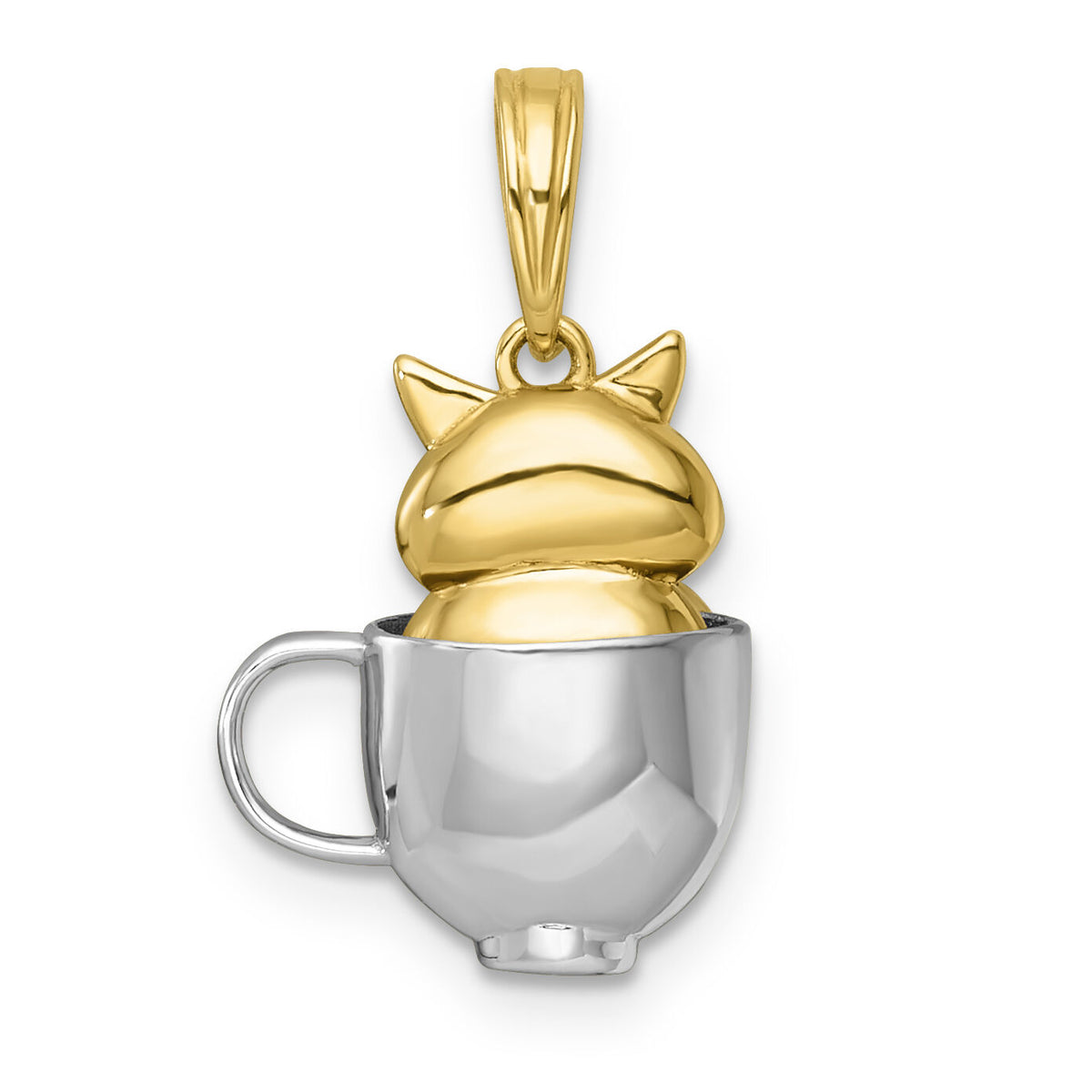 14k with White Rhodium Polished 3-D Cat In Mug Charm-K10058