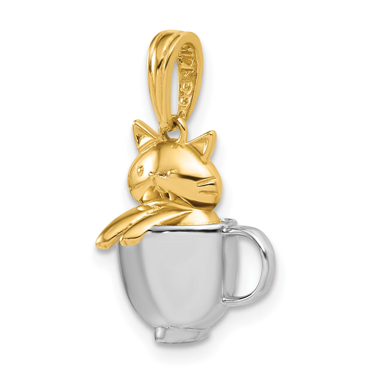 14k with White Rhodium Polished 3-D Cat In Mug Charm-K10058