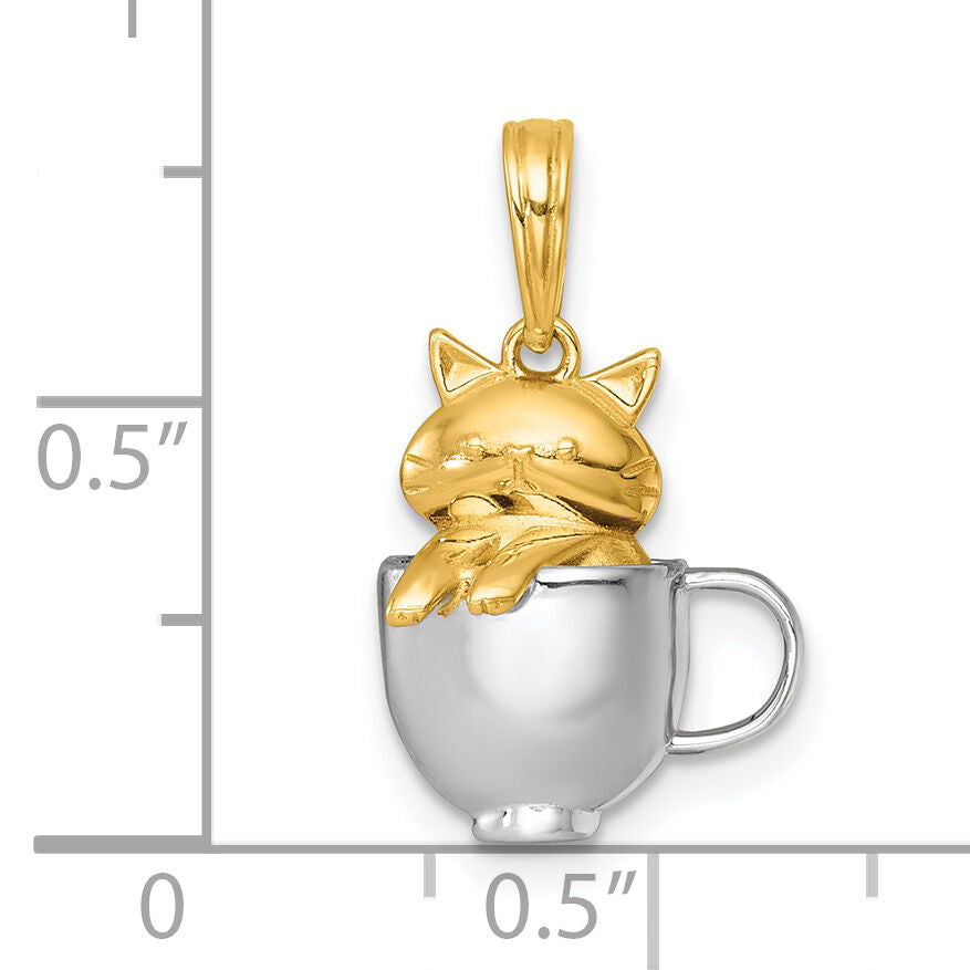 14k with White Rhodium Polished 3-D Cat In Mug Charm-K10058
